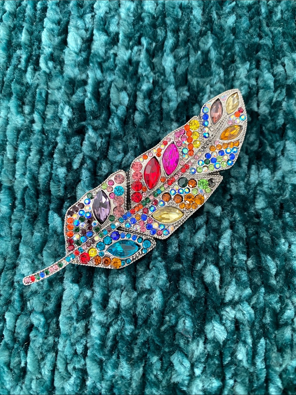 Rainbow Rhinestone Feather Brooch